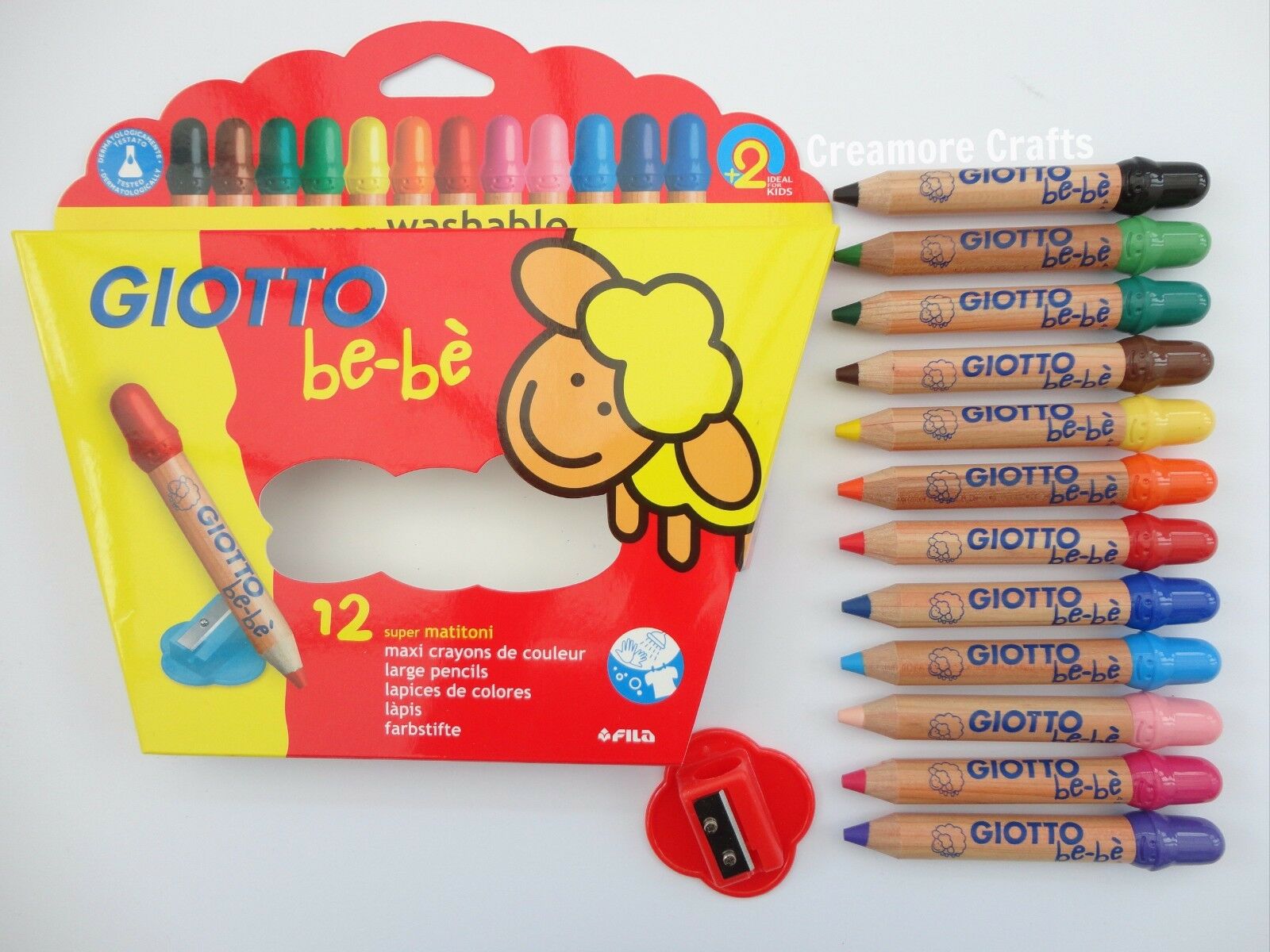 Crayons Giotto bébé + 1 taille crayon packs de 12 couleurs vives