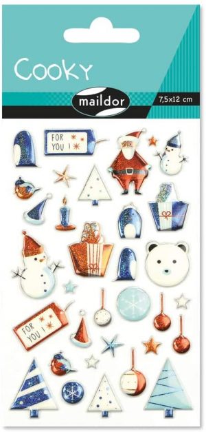 Un sachet de gommettes 3D Noël enfants, bleu (33 stickers)